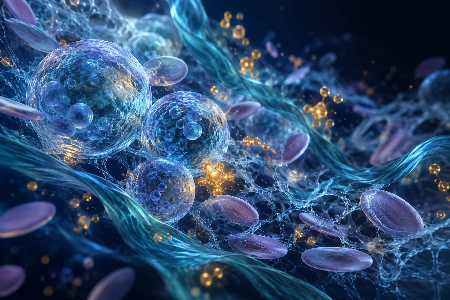 Illustration of vesicles, platelets and proteins in the plasma environment