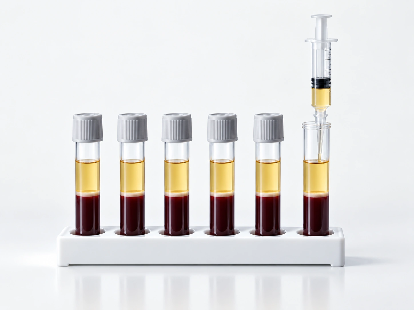 Six tubes of separated blood with plasma collection
