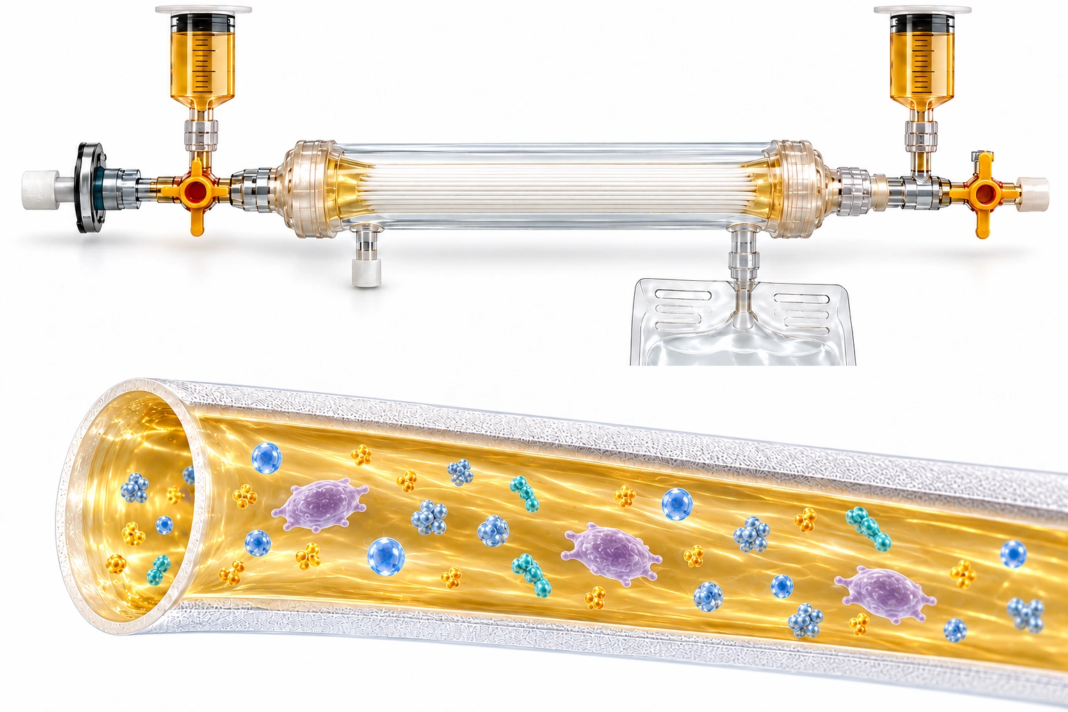 Enlarged hollow-fibre illustration showing retained plasma components
